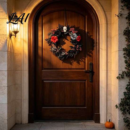 Outdoor Courtyard Holiday Ornament Gothic Black White Blue Rose Twig Wreath 15 Inch Halloween Skull Wreath Garland for Wall with Twisted Branches And