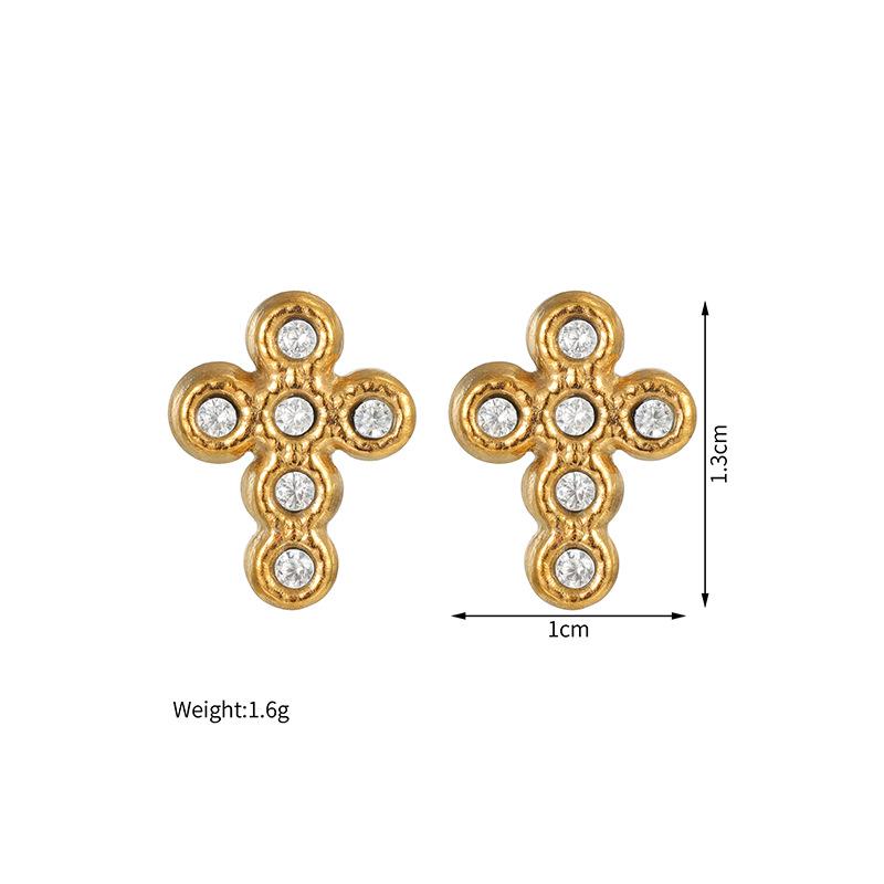 18K Gold & Diamond Cross Earrings - Minimalist Simple Stainless Steel Design