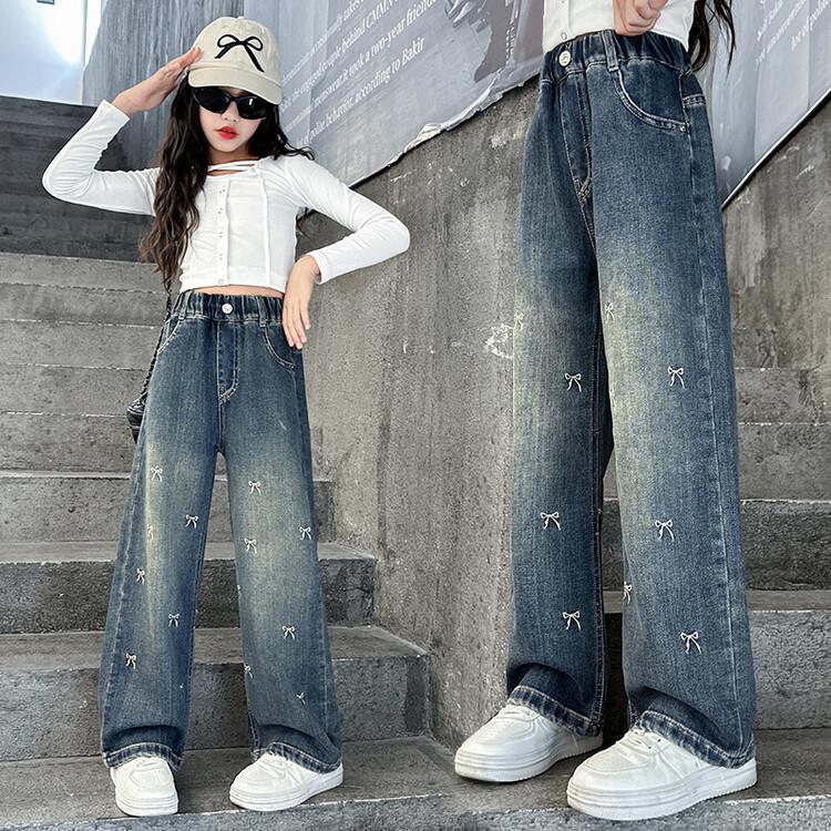 Girls Bow Jeans Pants Spring Kids Elastic Straight Denim Pants Autumn Teen Bowknot Print Wide-leg Trousers Fashion Elastic Pants