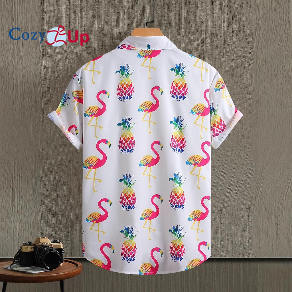Cămașă cu mânecă scurtă pentru bărbați, Cămașă cu imprimeu colorat cu ananas și flamingo pentru bărbați, Modă casual, Vacanță de vară în Hawaii 2025 Nou