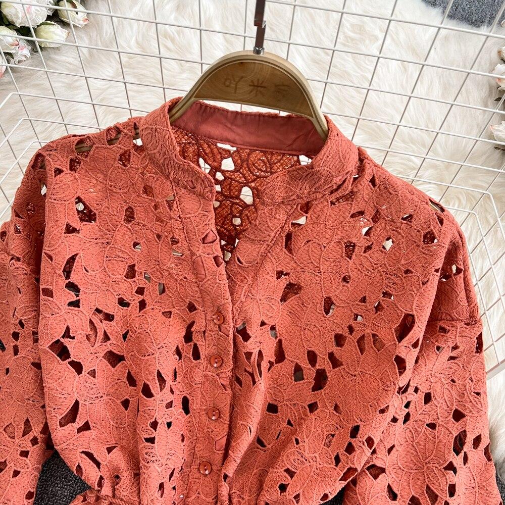 Retro Temperament V-neck Hollow Embroidered Lantern Sleeve Short Shirt Women's Two-piece Hit High Waist Slim A-line Skirt