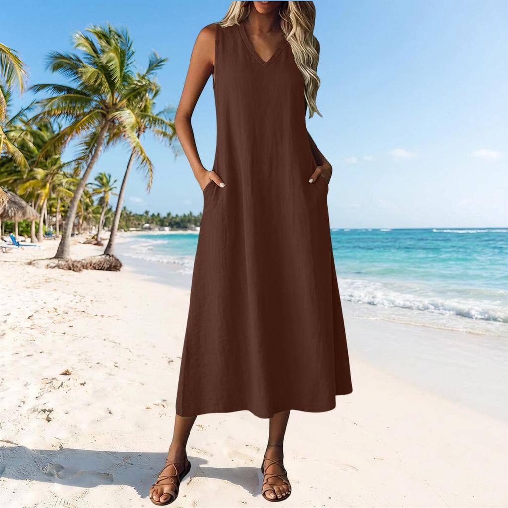 Women Sleeveless Casual V Neck Midi Dress with Zipper and Pockets Relaxed Fit Solid Color Tank Dress
