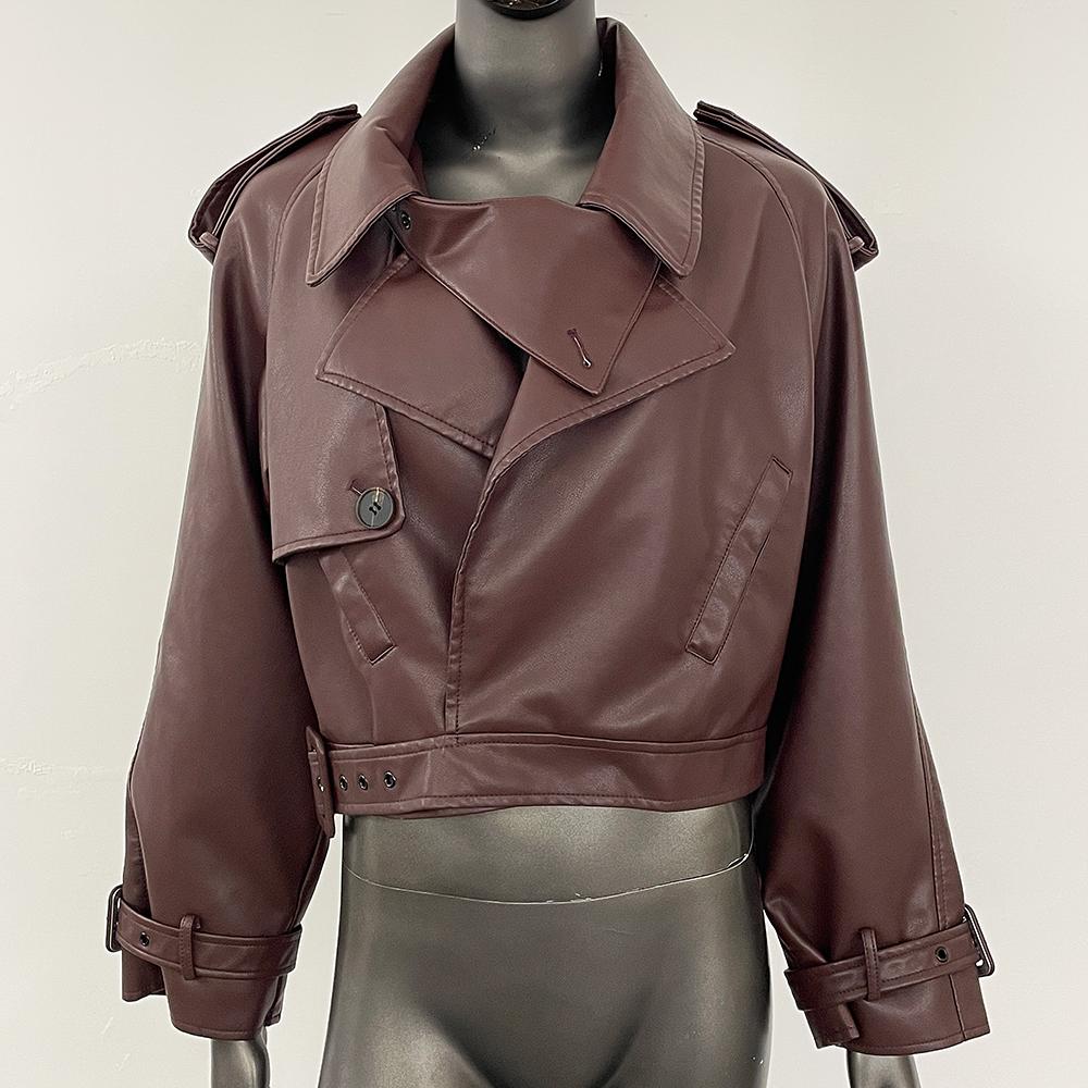 OFTBUY Dámská vintage volná krátká bunda z umělé kůže s páskem na motorku, dámská retro moto bikerská bunda, svrchní prádlo, topy