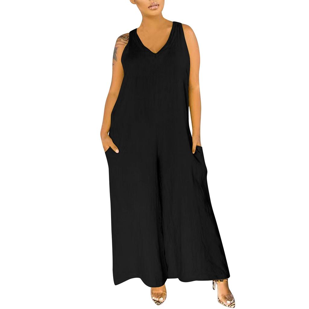 Overalls mit weitem Bein, einfarbig, lässig, ärmellos, mit Trägern und Taschen, Overall, zusammengesetzter langer Hosen-Overall für Damen