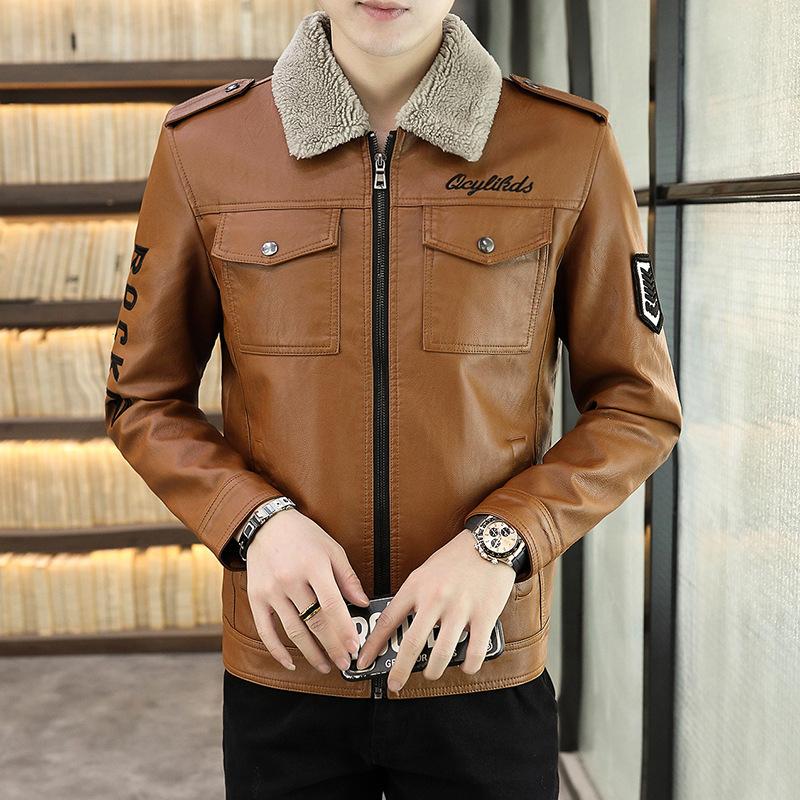 New men's leather jacket, Korean version, slim, trendy, young and handsome, casual winter plus fur collar leather jacket