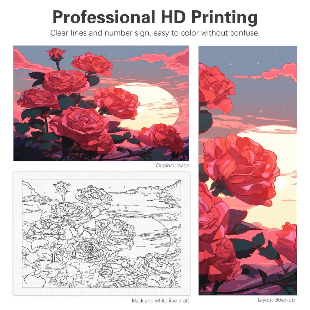 RUOPOTY Ramă Diy Pictură cu numere Kit Moon Rose Poza Desen Colorat după numere Artizanat pentru decorarea casei