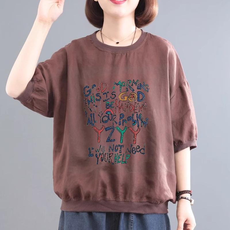 Women's Short Sleeve Shirt Japan Style Vintage Linen Tree Printed T Shirt Chic Women Blouse Loose