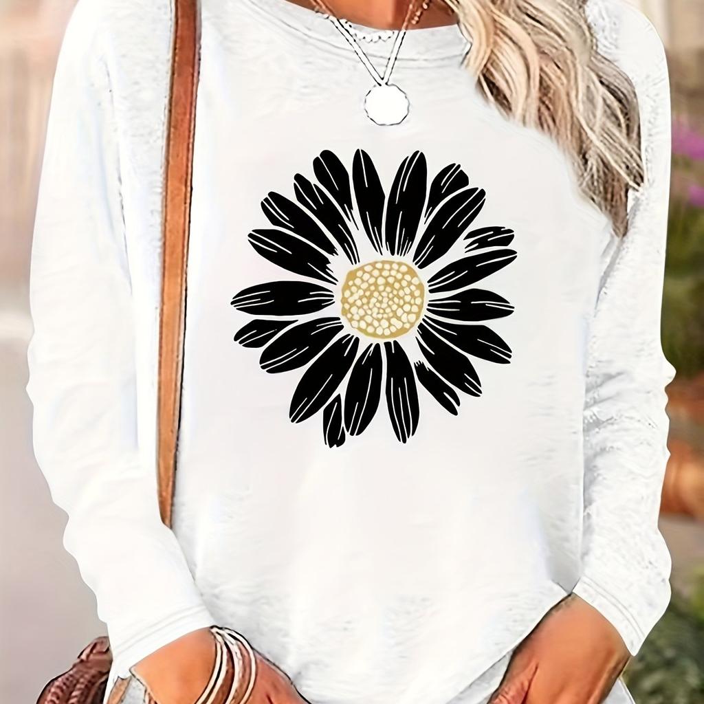 Stilvolles T-Shirt mit floralem Print und Rundhalsausschnitt - Weiche Baumwollmischung, Mittlere Elastizität,