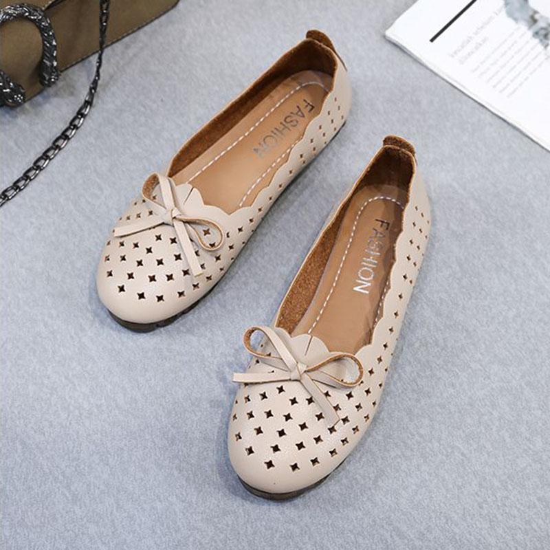 Comfortable Soft Sole Flat Single Shoes Breathable Hollow Bow Design Women's Casual Work Shoes Artificial Soft Leather Shallow Mouth Slip-on