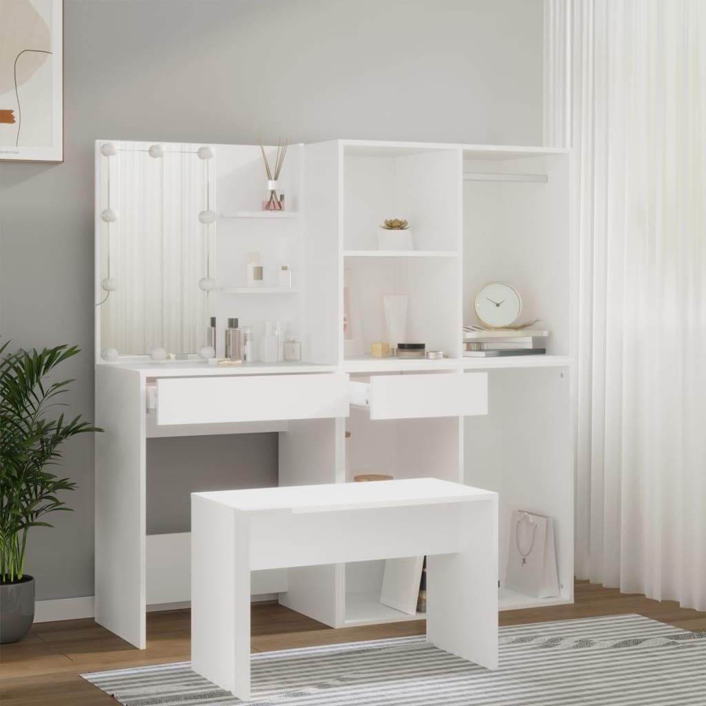 Makeup Table Set with LED Lighting White Wood Based Material