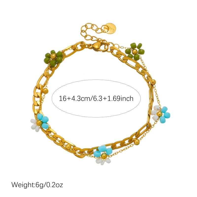 Gold Plated Stainless Steel Double Layer Beaded Flower Bracelet for Women