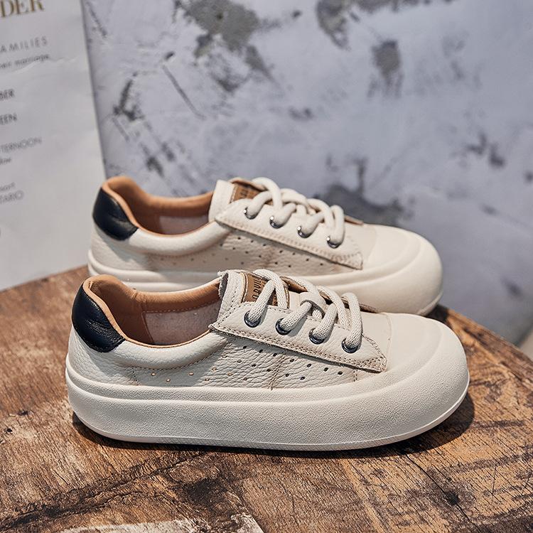 

Spring and summer new retro literary and handmade leather hollowed-out board shoes women s ugly and cute casual women s shoes platform bread shoes 35 бежевий