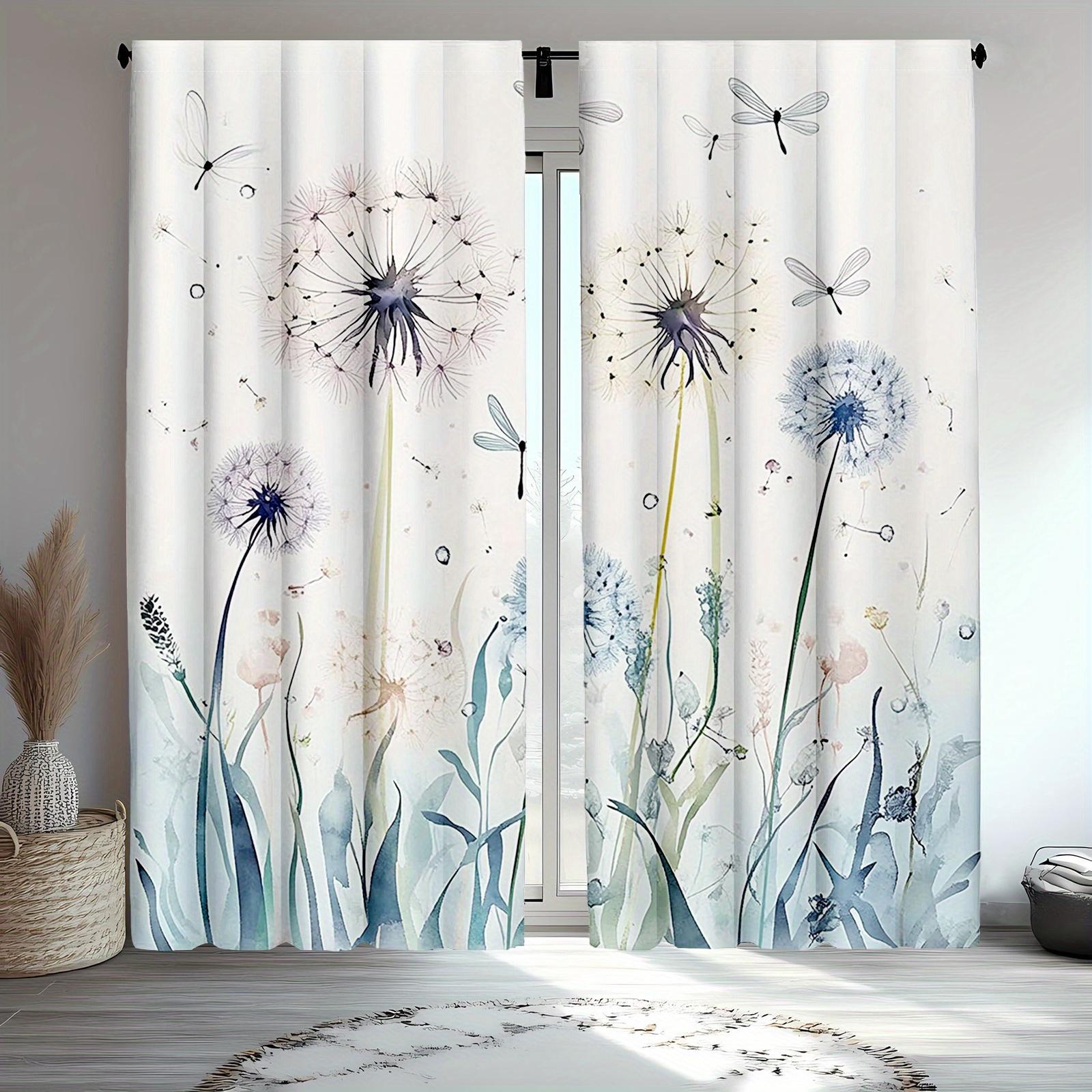 

2Pc Blue Dandelion Dragonfly Print Curtains, Polyester Fabric, Machine Washable, Suitable For Bedroom Living Room Decoration 53x116cm &2pc