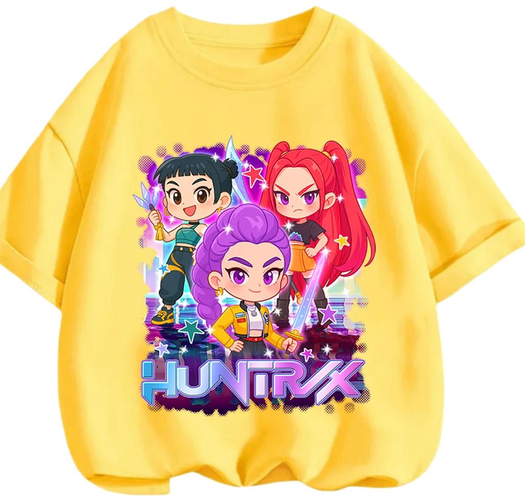 Playful Cartoon Kpop Demon Hunters Kids Tee Summer Casual Round Neck Design Daily School And Outdoor Wear Boys Girls Tops