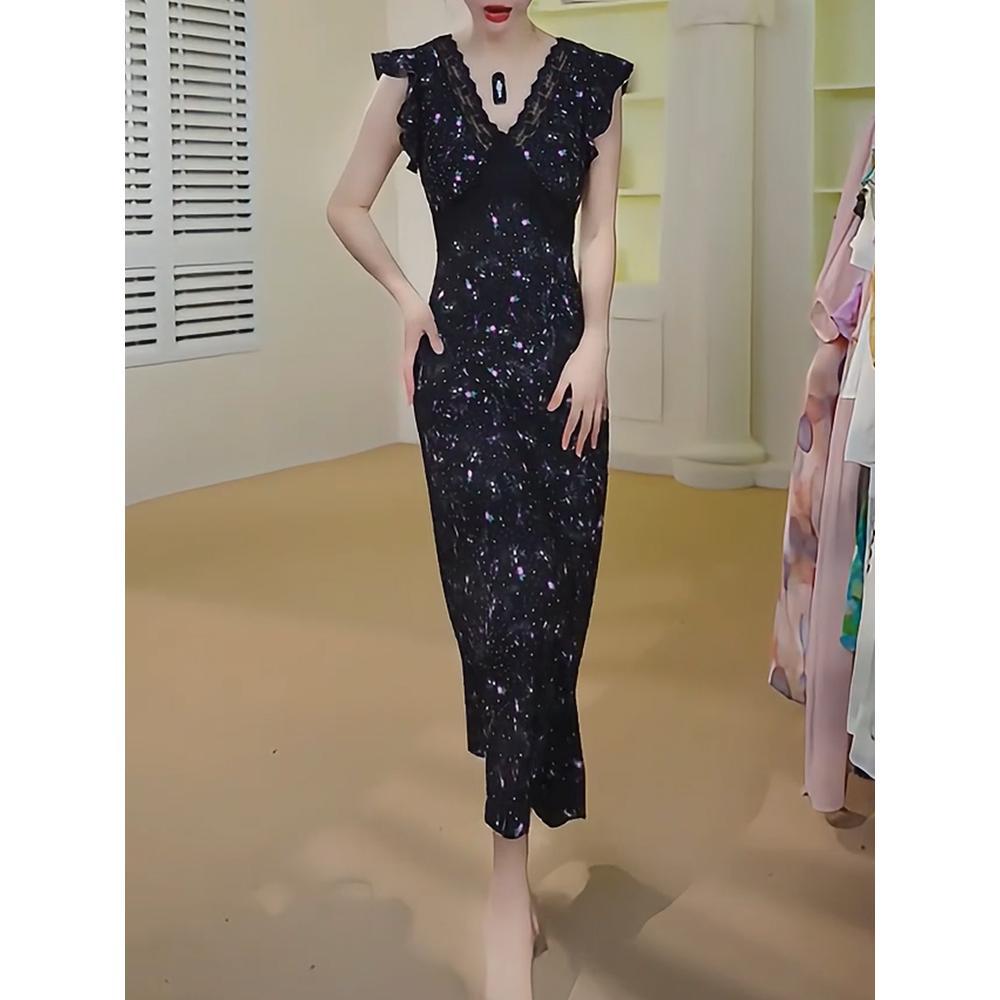 Retro floral lace splicing sleeveless dress female casual girl summer temperament long skirt