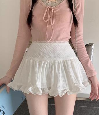Kawaii White Mini Skirt Women Summer Fairycore Sexy High Waist Ruffle Lace Mesh Patchwork A-line Skirt Shorts Korean