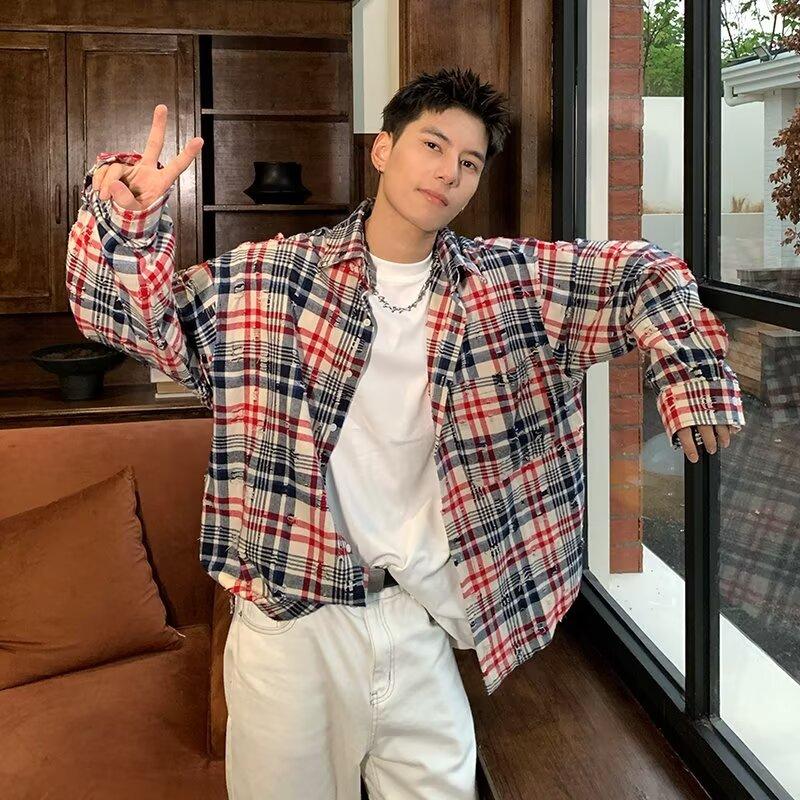 

Американский ретро-дизайн, разноцветная полосатая рубашка с длинным рукавом для мужчин и женщин, повседневное свободное весенне-осеннее парное пальто для мужчин 2XL красный