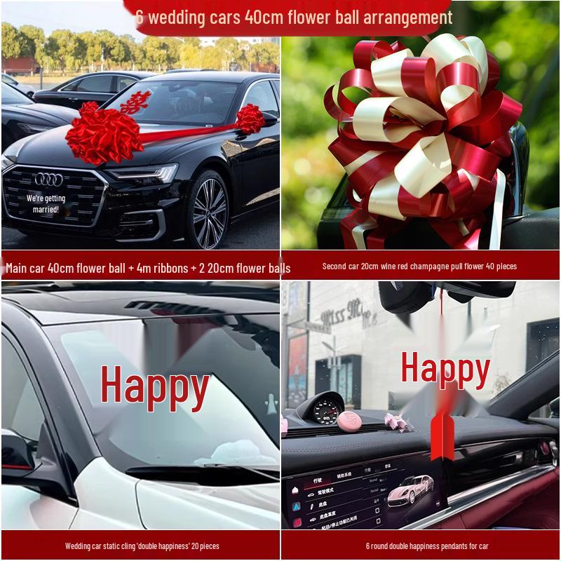 Complete Wedding Car Decoration Set: Escort Car Hood Flowers, Welcome Garland, Double Happiness Arrangement for a Festive Display