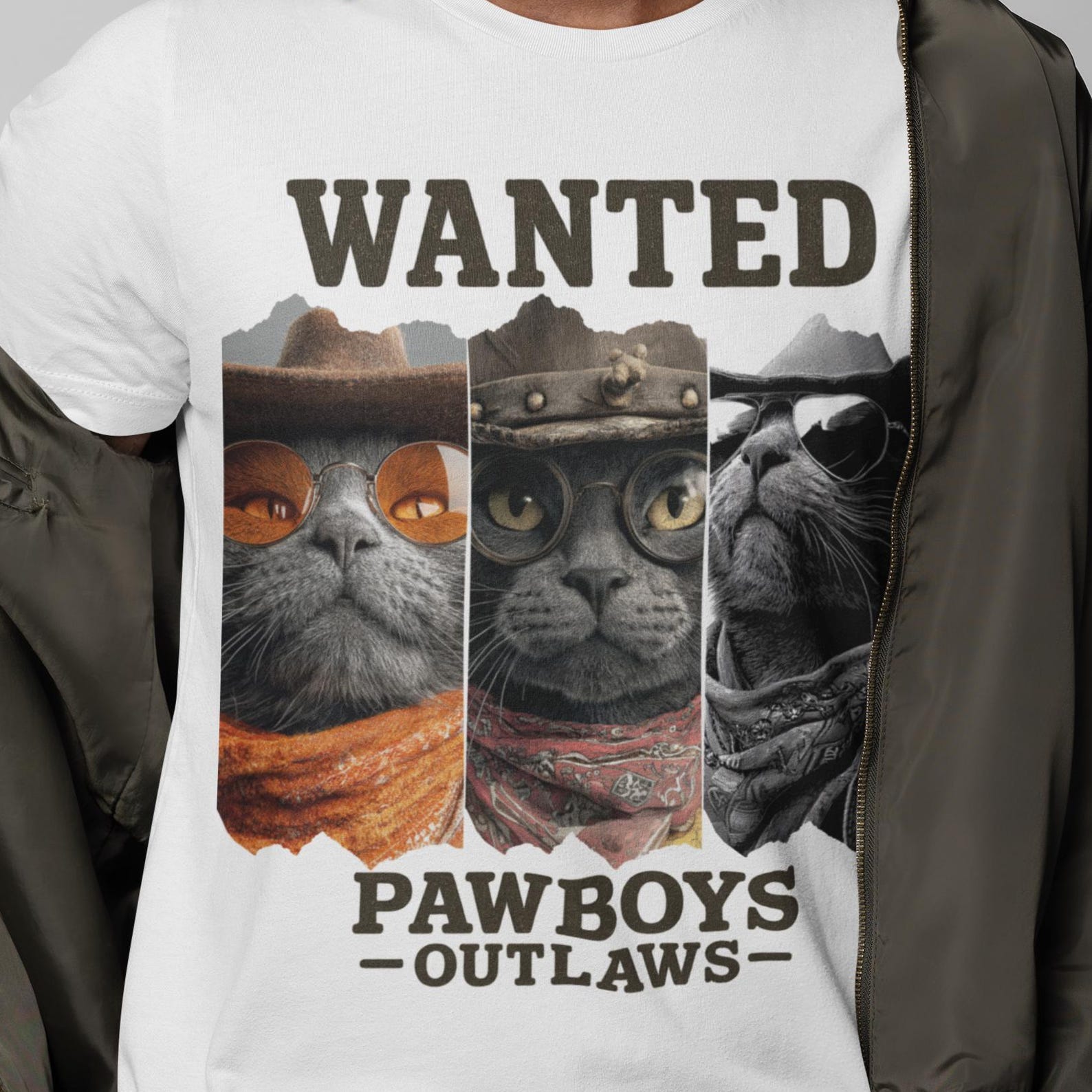 Wanted Pawboys Outlaws Cats T Shirt, Funny Cat Cowboy Gangster Tee S