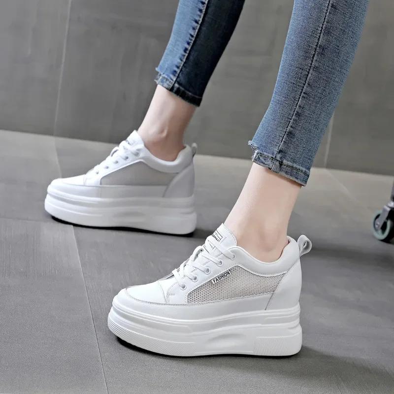 Fashion 10CM Genuine Leather Women Shoes White Platform Wedge Sneakers Women Summer Shoes Zapatos De Mujer Zapatos