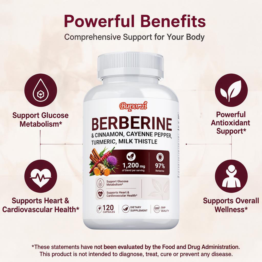 Berberine Cinnamon Cayenne Pepper Turmeric Milk Thistle Capsules 120 Count 1200mg — Plant-Based Formula, Daily Wellness, Nutritional Support
