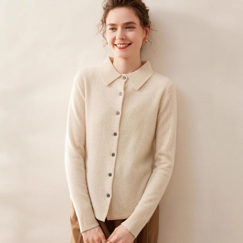 Elegant Women's Cashmere Knit Polo Collar Cardigan - Long Sleeve, Loose Fit, Versatile and Warm.