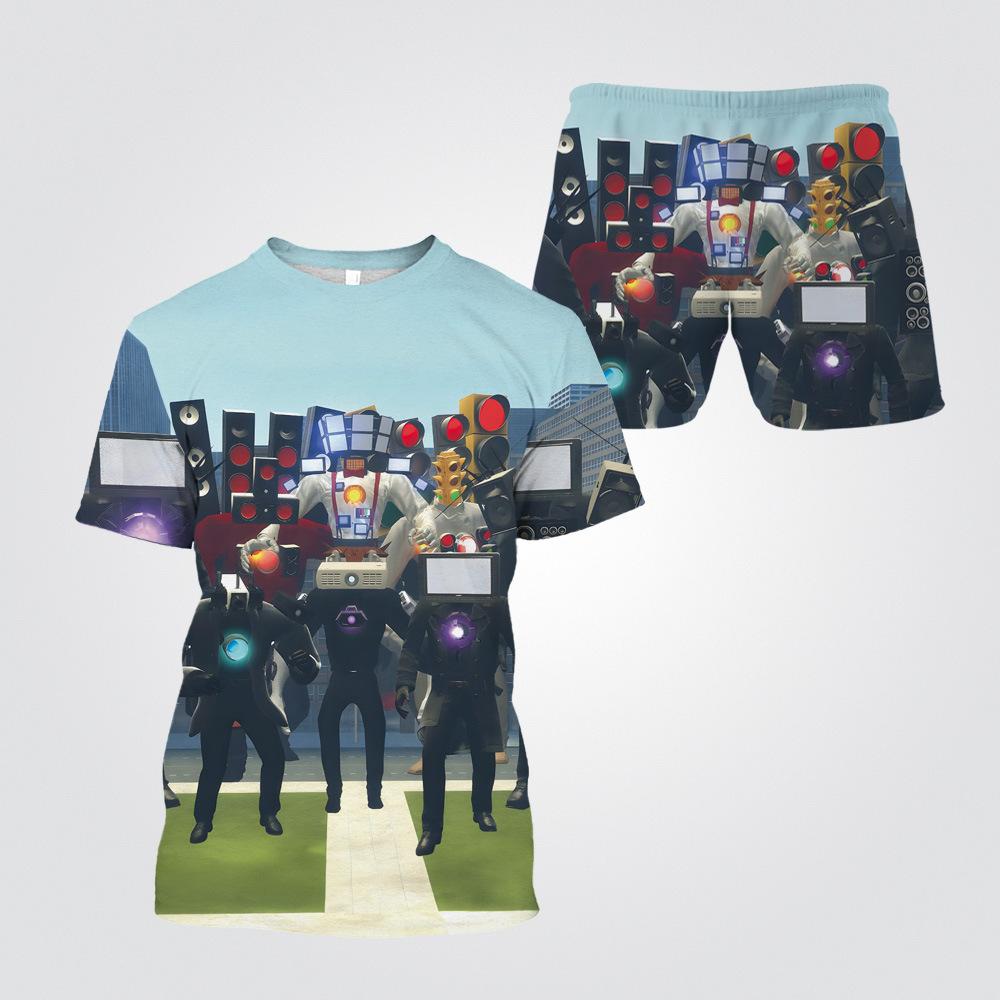 Summer Round Neck 3D Cartoon Toilet Person Vs. Monitoring Person Printed Set Fashionable and Casual Short Sleeved Shorts Children's Boy Clothing Sets