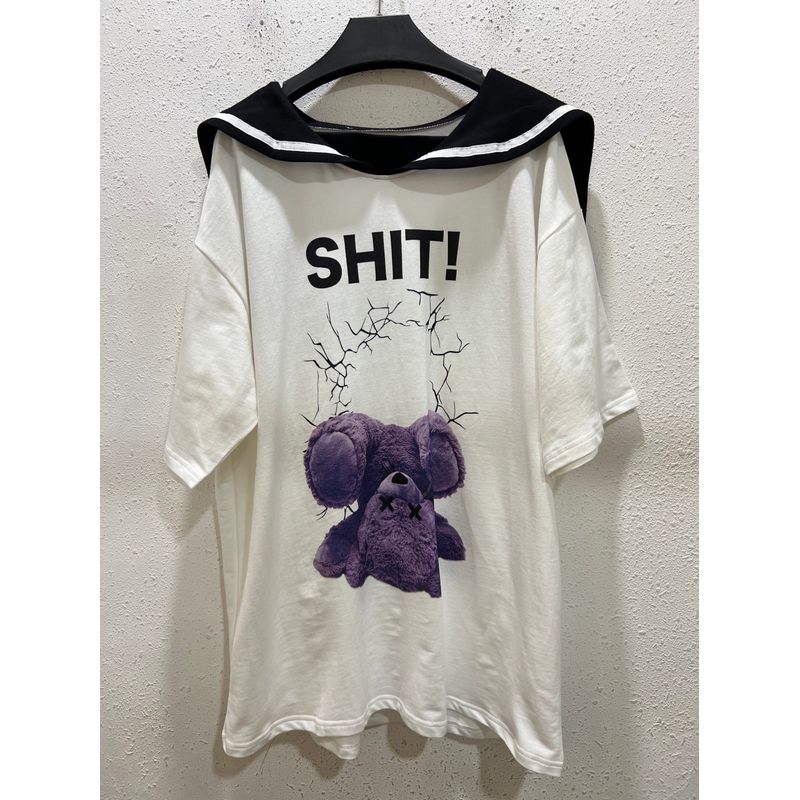 

Японская Одинарная Amilige Весна/Лето Новое Поступление Серия Харадзюку Хлопковая Футболка с Матросским Воротником и Рукавом Три Четверти Футболка с Прямой Печатью White