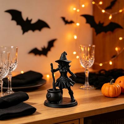 3D Printed Witch Statue Halloween Cauldron Figurine, Spooky with Black Pot, Fantasy Table Ornament Gothic Small Desktop for Tabletop Mantel