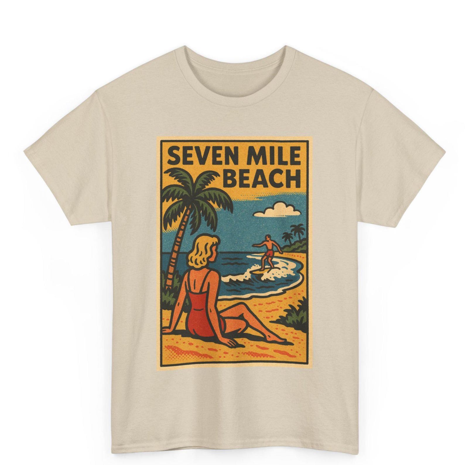 Seven Mile Beach T-Shirt: Retro Comic Style Ocean Graphic Tee L