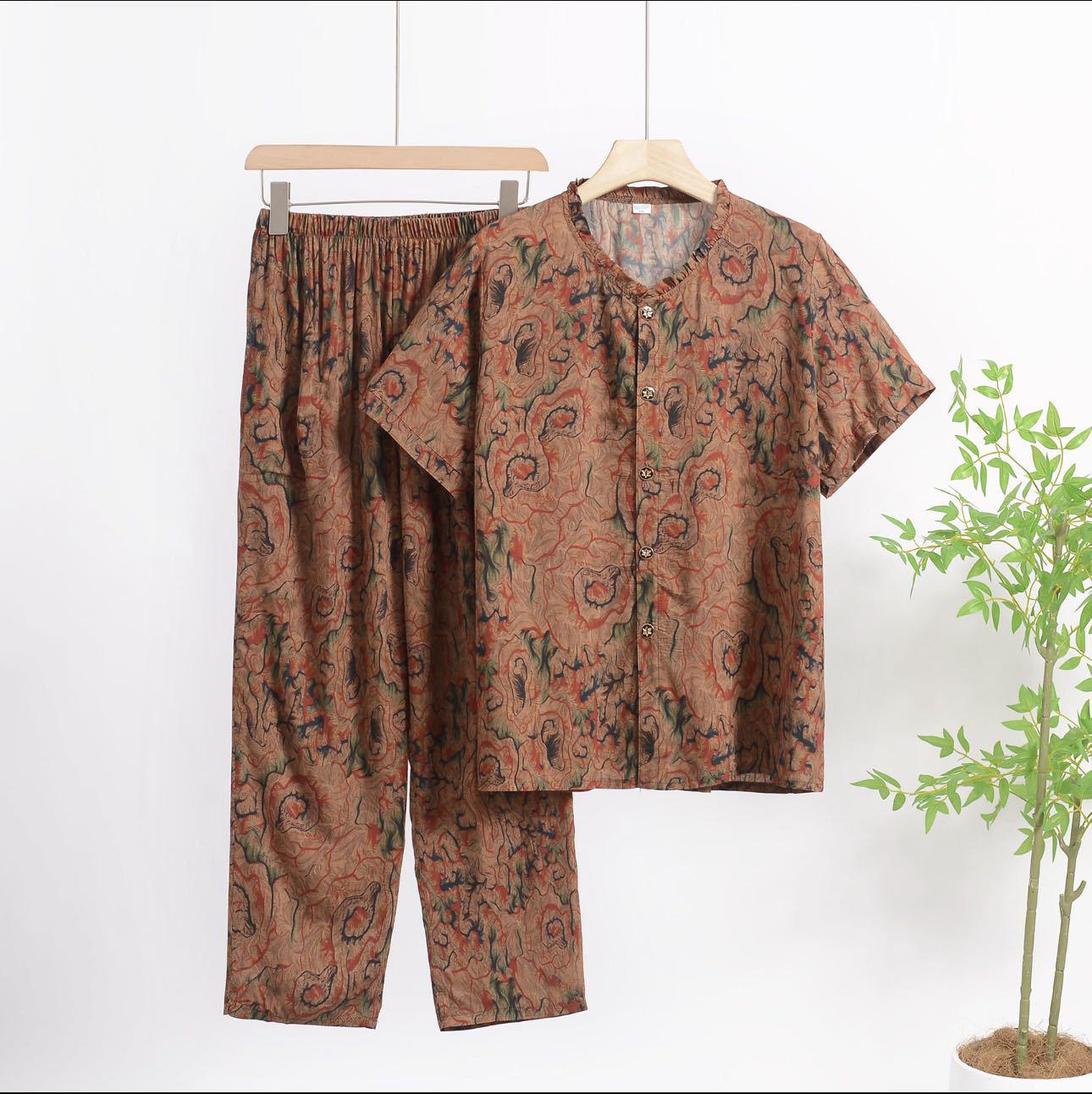 

Лето 2025 Комплект из топа с коротким рукавом и длинных брюк из хлопка с цветочным принтом больших размеров Size 21