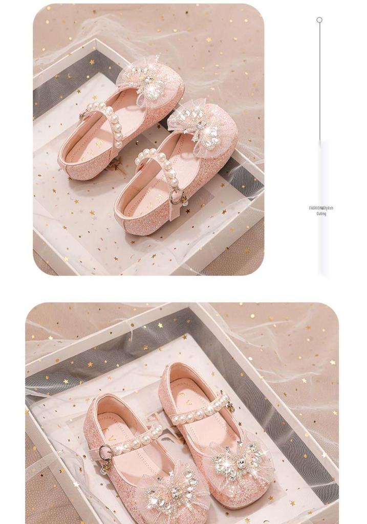 2026 Spring/Autumn Girls' Princess Leather Shoes - Shiny Crystal Rhinestone Baby Flats
