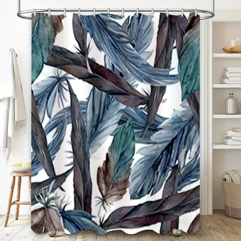Watercolor Blue Feather Shower Curtain Soft Fabric, Anti-Mildew Machine Washable Decorative Bath Rug Mat Decoration for Bathroom