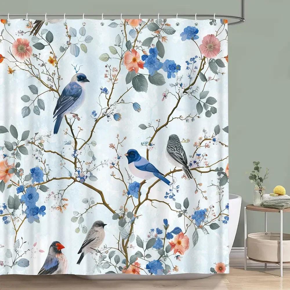 Hummingbird Floral Shower Curtain Birds Watercolour on Flower Branches Printed Polyester Bath Curtains Bathroom Decor with Hooks
