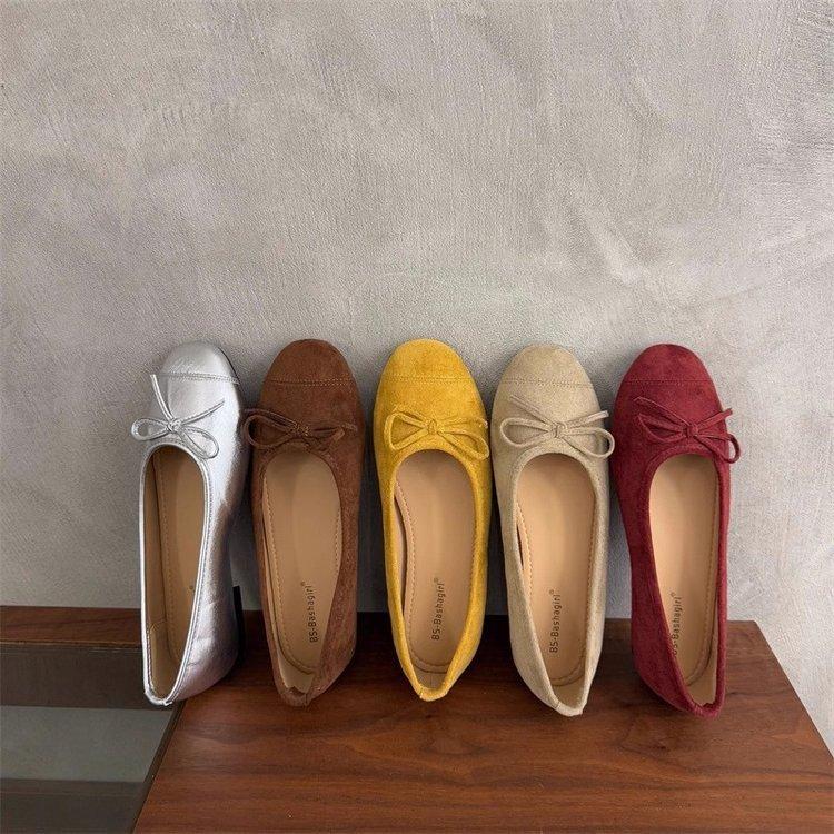 Soft leather version~ French retro round head bow light mouth single shoes women's autumn 2025 new suede ballet shoes