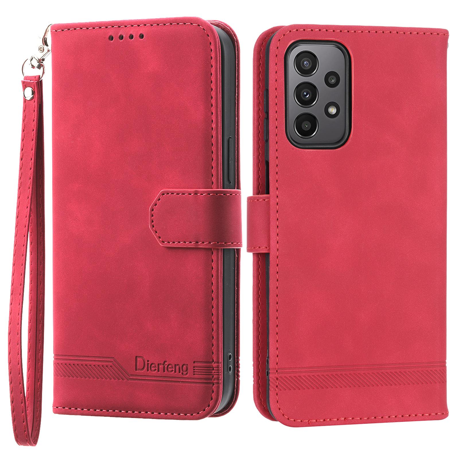 

DIERFENG DF-03 Leather Phone Case for Samsung Galaxy A23 5G (Global Version)/A23 4G,Lines Imprinted Wallet Stand Phone Cover Red
