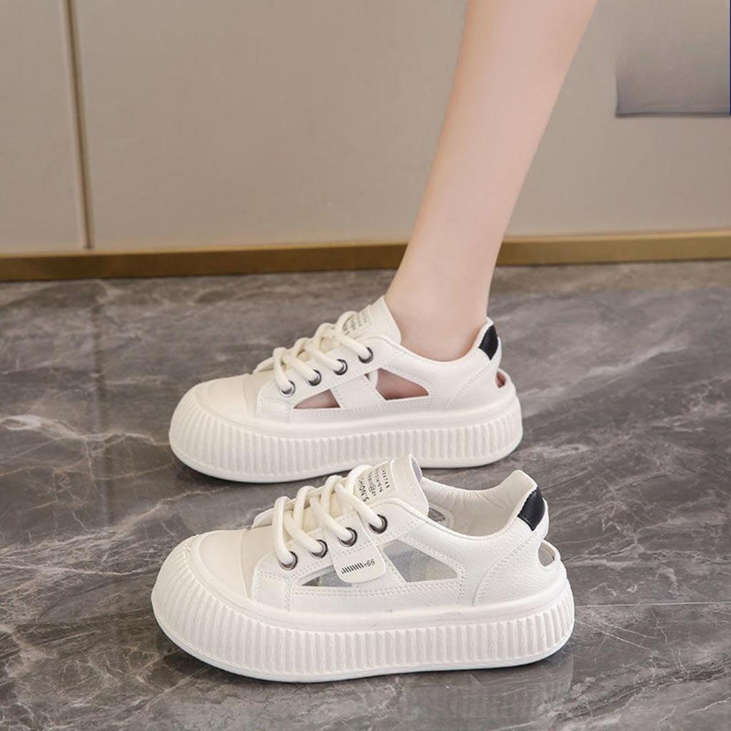 Women's Trendy White Lace-up Shoes with Thick Sole and Hollow Out Design