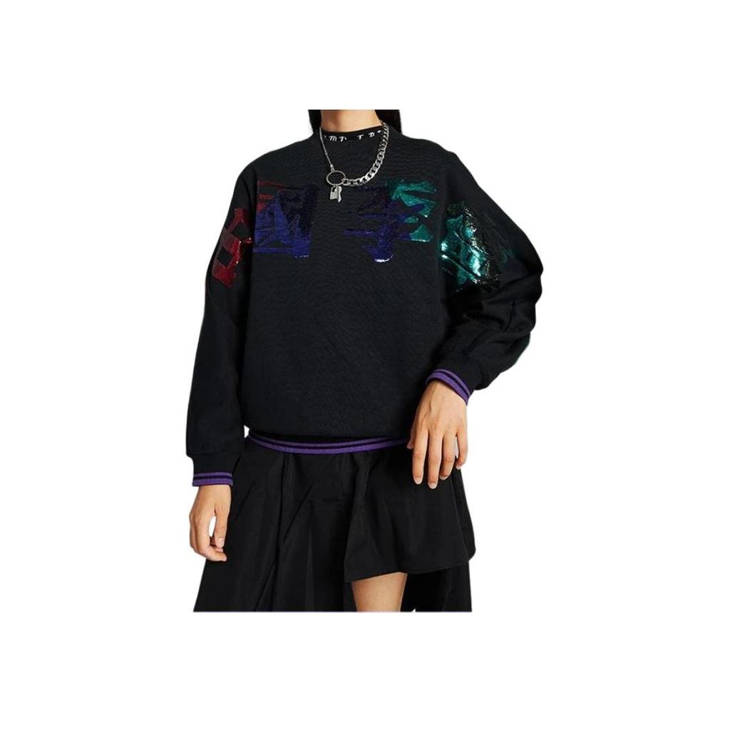Li Ning Casual Loose Graphic Sports Crew Neck Sweatshirt Women Sweatshirt Standard-Black AWDQ598-3