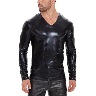 Faxu Leather Tops Men V-Neck Long Sleeve T-Shirts Pullovers Autumn Winter Patent Leather Hoodie Male Cool Motorcycle Jacket