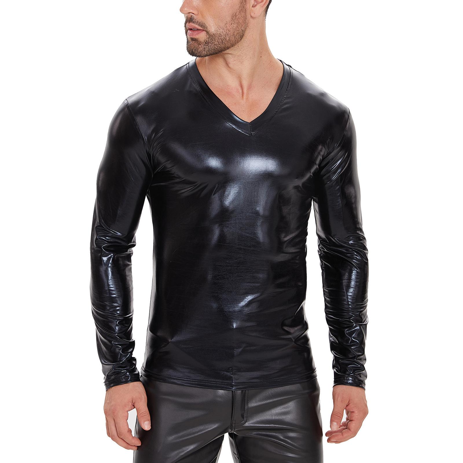 

Faxu Leather Tops Men V-Neck Long Sleeve T-Shirts Pullovers Autumn Winter Patent Leather Hoodie Male Cool Motorcycle Jacket 6XL