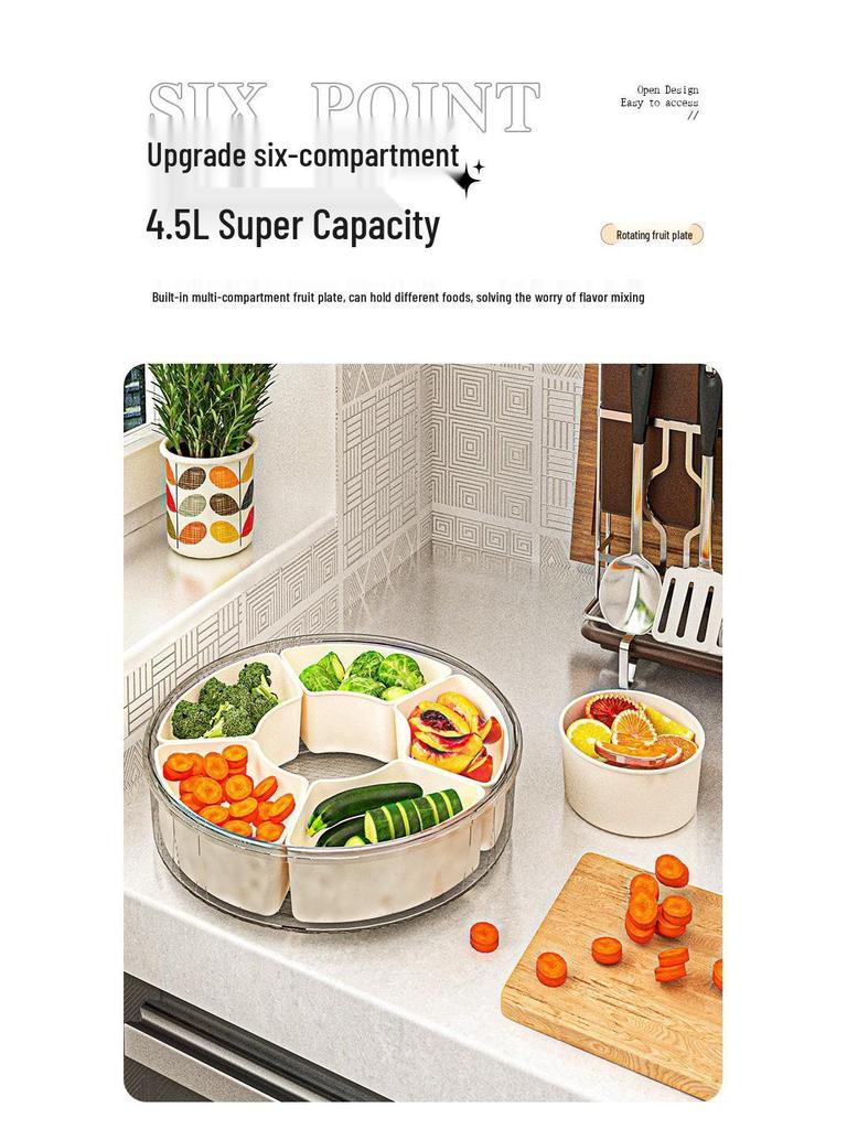Rotatable Six-Compartment Fridge Storage Box for Fruits & Condiments