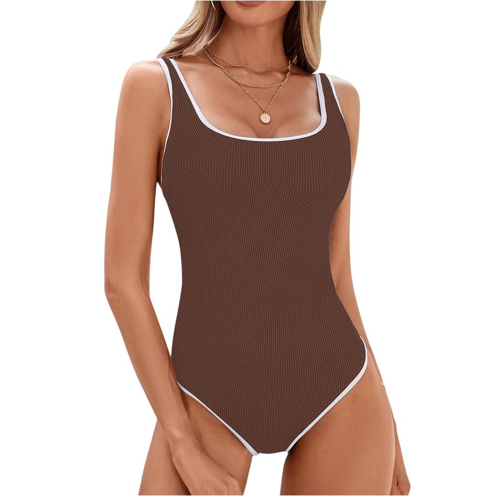 Women's Adjustable Strap Color-Block Ribbed One-Piece Swimsuit
