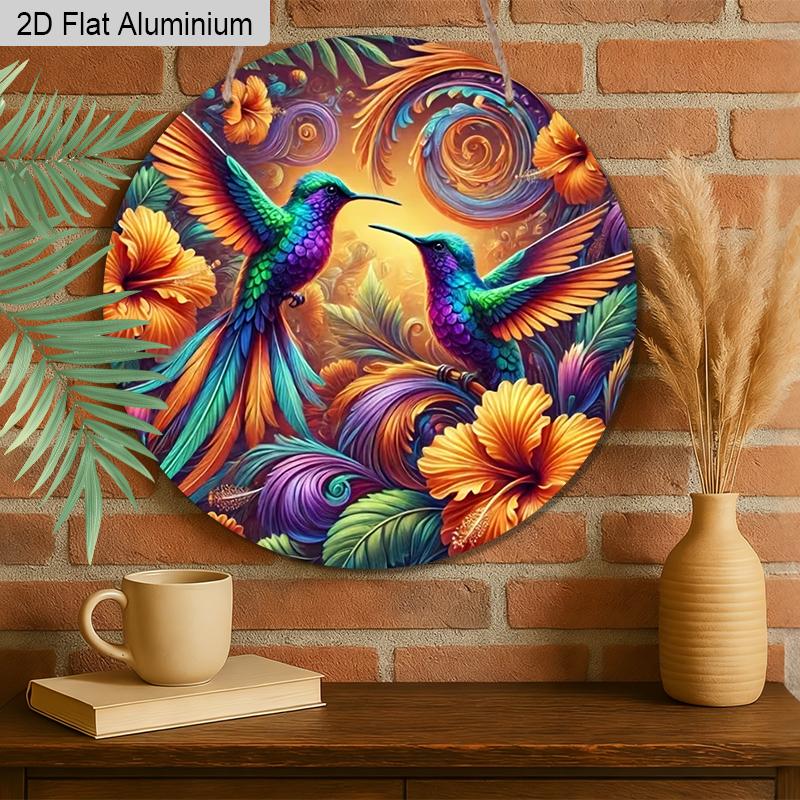 2D Flat 1pc Vintage Colorful Hummingbird Aluminum Sign Round Ornament, Home Office Garden Courtyard Living Room Balcony Decor, Indoor/Outdoor Door