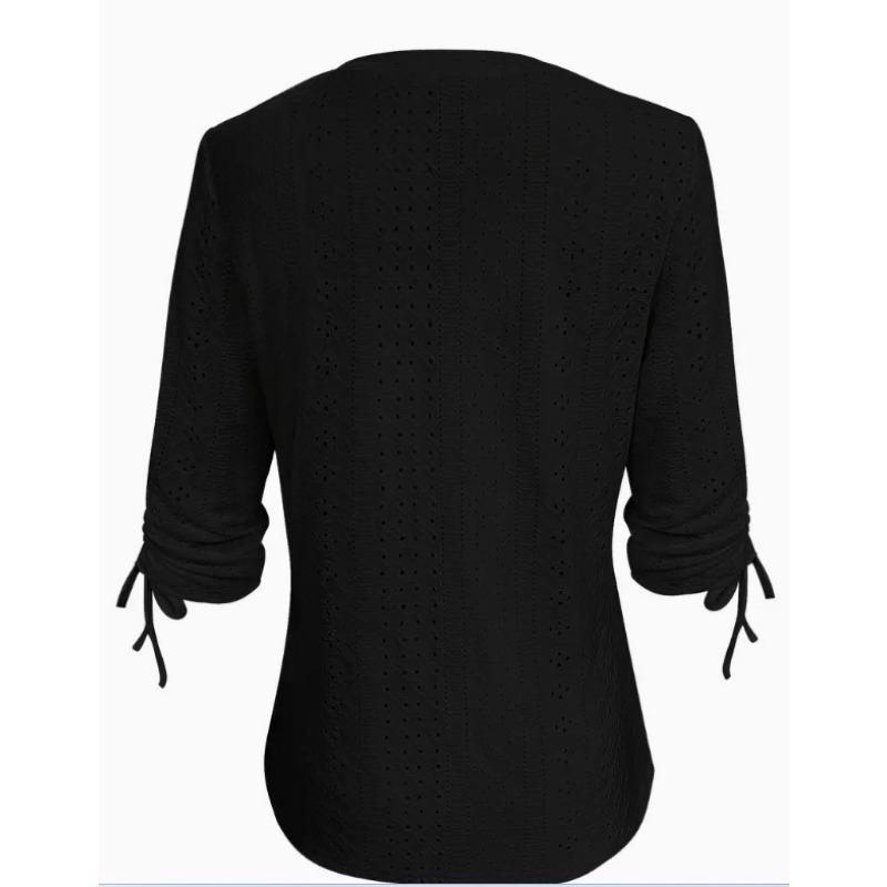 Spring and Summer New Solid Color Jacquard Button Long-sleeved Straps Hollow Loose T-shirt Top