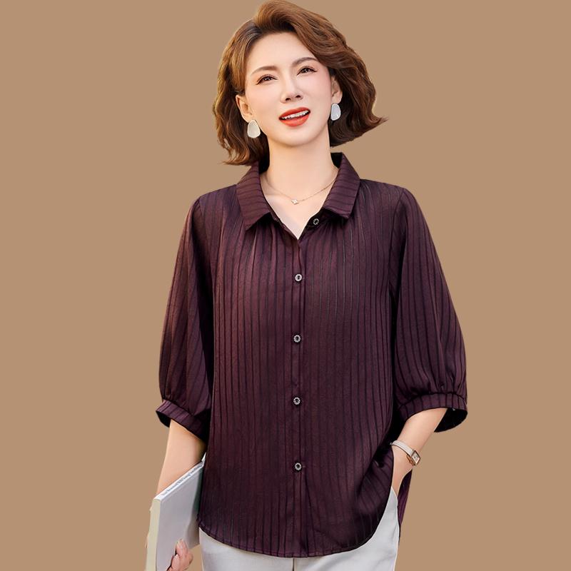 

Mom s Stylish Mid-Sleeve Chiffon Blouse 2026: Loose Striped Summer Shirt for Middle-Aged and Elderly Women 5XL (approx. 150-160 jin) вино красного