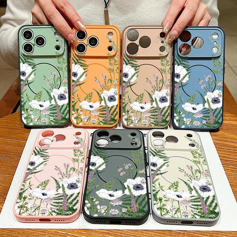 Case For iPhone 17 Pro Max INS White Flower Plants Pattern Magnetic For Magsafe Hybrid Slim Matte Cover For iPhone 16 15 14 13 Pro Max