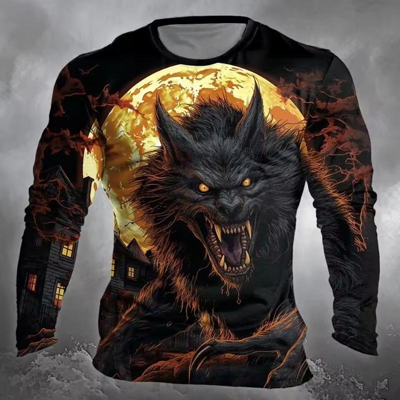 Fashion Wolf Pattern Men's Long Sleeve T-shirt Autumn Casual O-neck Pullover Funny 3D Animal Print Tops Unisex Clothes 3 Sold