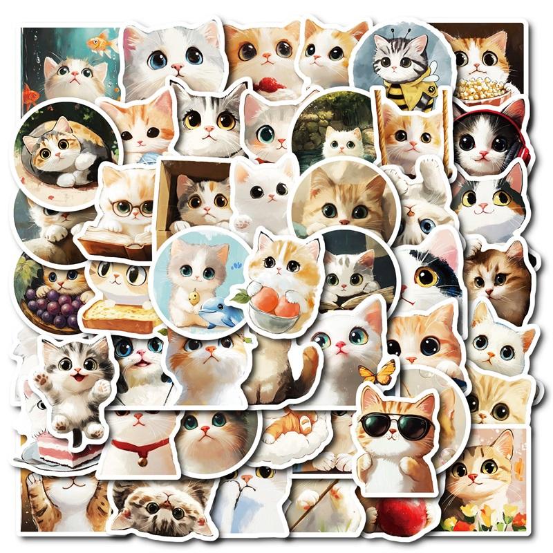 10/30/50PCS Kawaii Oil Painting Cat Sticky PVC Sticker Aesthetic DIY Decoration Scrapbooking Hand Accounting Supplies for Kids