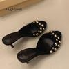 Mode Luxus Goldnieten Pantoletten Damen Schwarz High Heel Hausschuhe Damen Peep Toe Nieten Stiletto Sandalen Abendschuhe