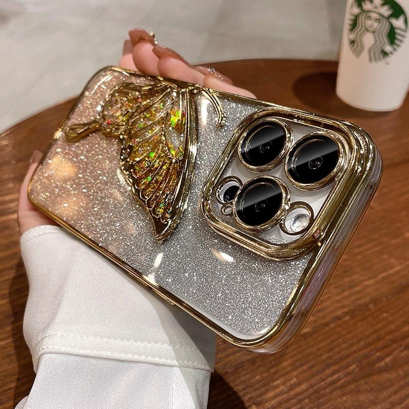 Glitter Quicksand Butterfly Is Suitable for Apple 16ProMax Mobile Phone Case 15 with Its Own Lens Film 14 Advanced Sense 13 Light Luxury